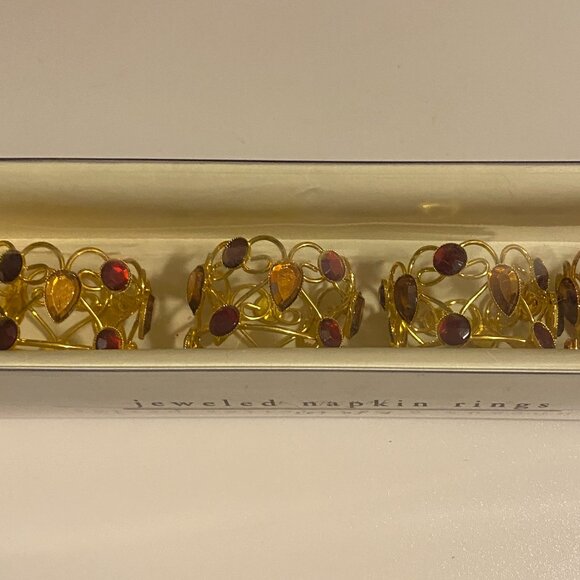 Jeweled Gold Holiday Napkin Rings Set of 4 – Red & Amber Gem Accents - Picture 7 of 10